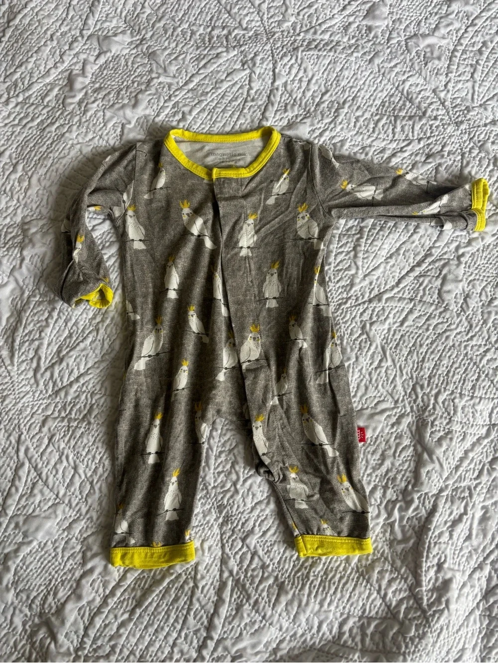 Magnetic Me Gray One-Piece Footie with Yellow Trim and Cockatoo Print